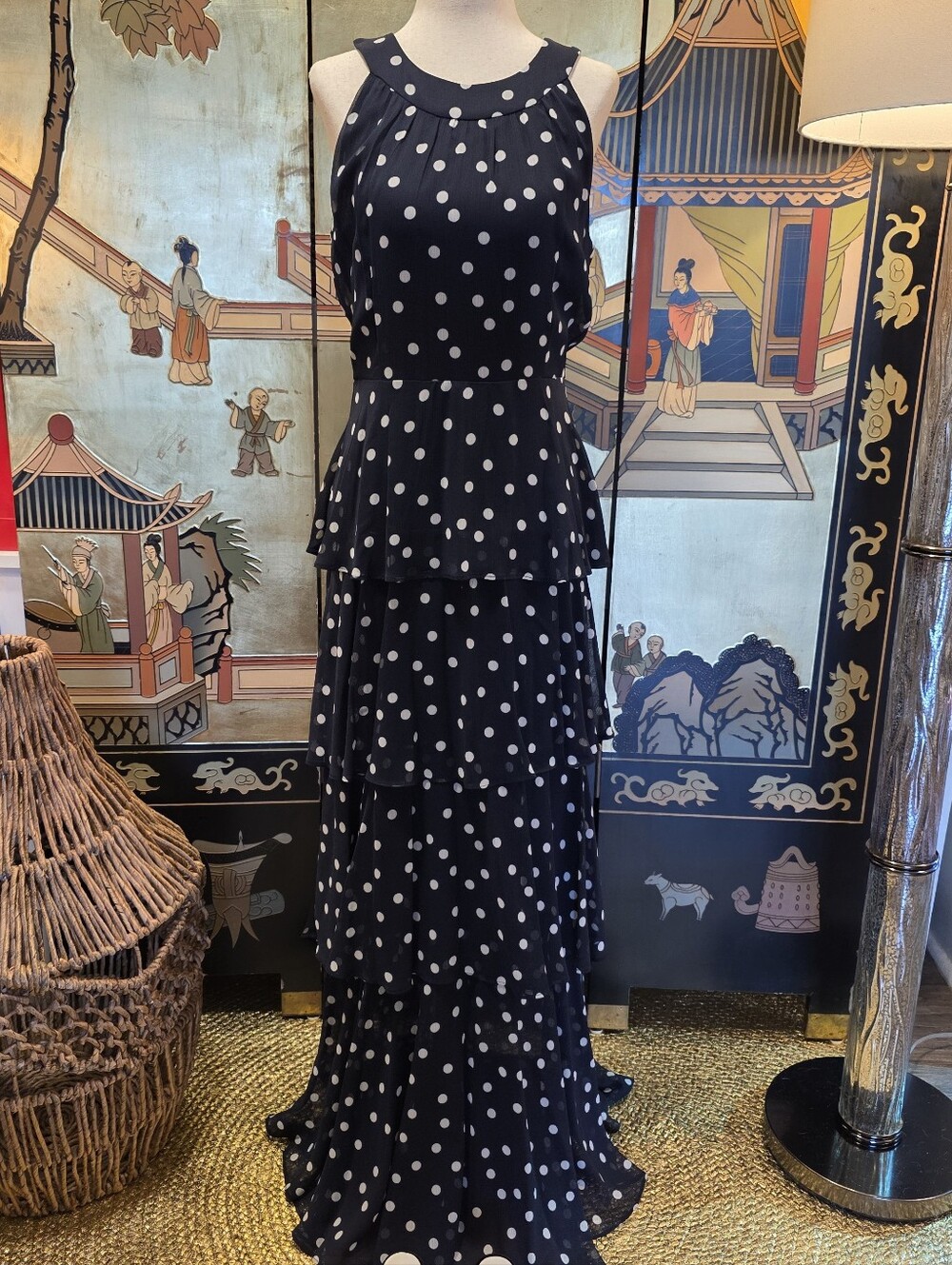 Tommy Hilfiger Navy White Polka Dot Tiered Maxi Dress Round Neck Sleeveless 6